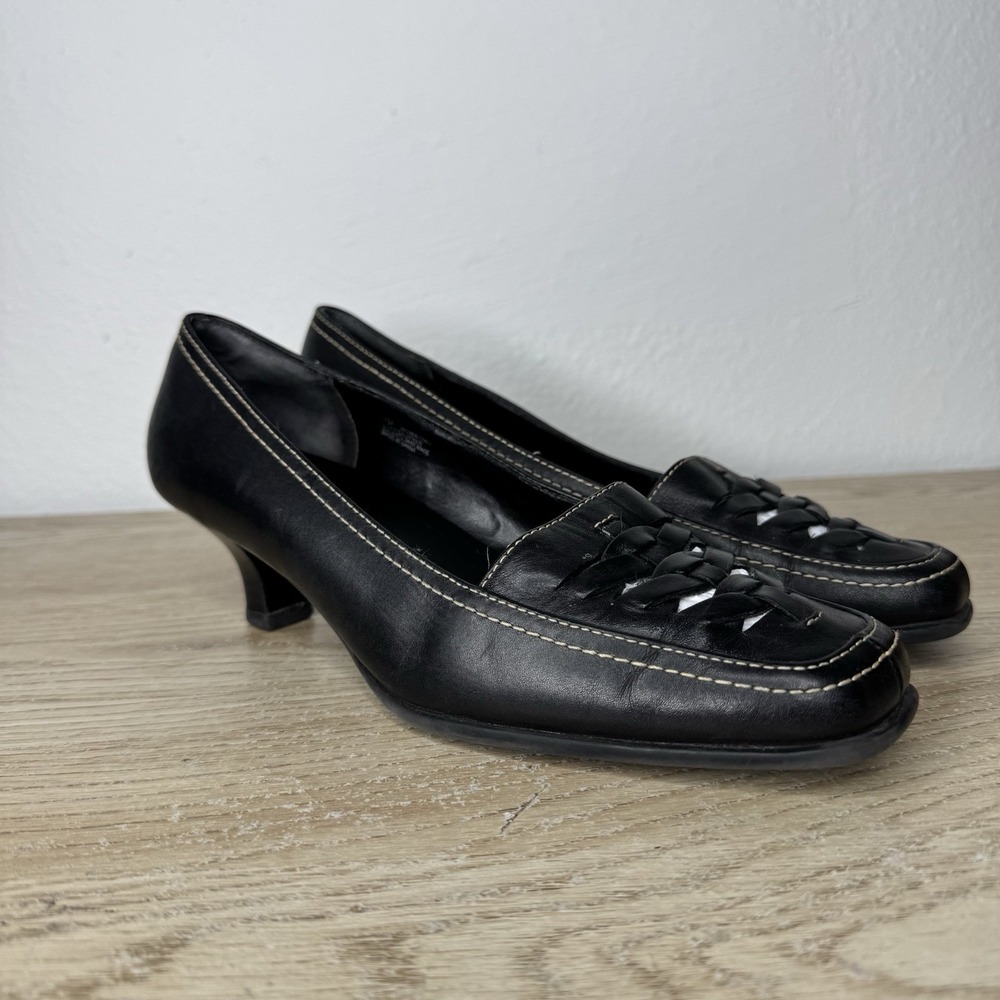 Aerosoles Black Leather Woven Top Y2K Square Toe Kitten Heelsβ Womens Size 7 M